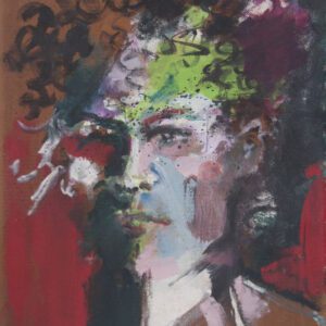 מבט נחרץ, דיוקן גבר מקורי מאת איש גורדון משנת 1984. פנים בגווני תכלת וסגול על רקע אדום וחום עם מבט ישיר וממוקד.