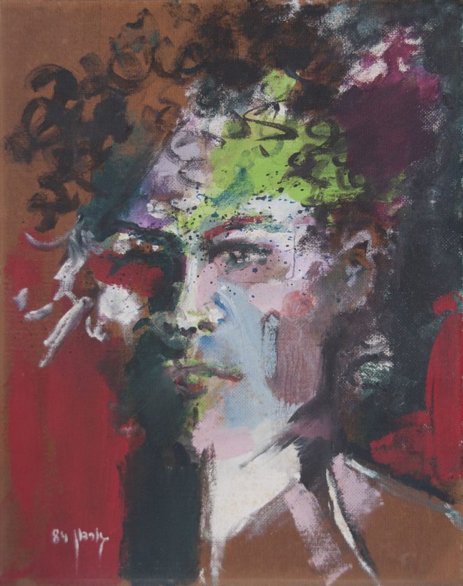 מבט נחרץ, דיוקן גבר מקורי מאת איש גורדון משנת 1984. פנים בגווני תכלת וסגול על רקע אדום וחום עם מבט ישיר וממוקד.