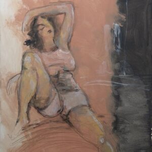 אתנחתא (Respite), ציור מקורי מאת איש גורדון. דמות נשית בתנוחת מנוחה, שילוב אקריליק ופסטל בגווני חול ושחור.