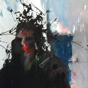 אנרגיה נשית מתפרצת, ציור מקורי מאת איש גורדון. דמות אישה עם שפתיים אדומות בוקעת מתוך כתמי צבע שחורים המתפרצים על רקע אפור-תכלת.