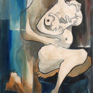 בן בכור (Firstborn) מאת איש גורדון, 1973. ציור שמן מקורי על קנבס בסגנון מודרניסטי המציג זוג הורים מחבקים תינוק.