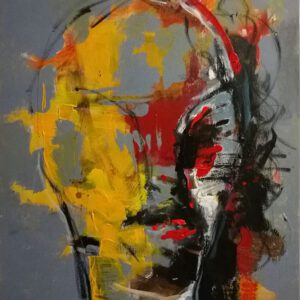 "יום רע" – פורטרט אבסטרקטי מקורי מאת איש גורדון. ציור אקריליק על קנבס (70/50 ס"מ) בצבעוניות נועזת של אדום וצהוב. יצירה אקספרסיבית ייחודית לרכישה ישירה מהאמן.