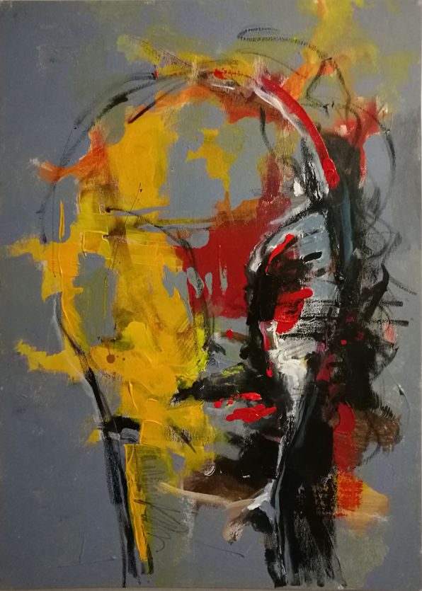 "יום רע" – פורטרט אבסטרקטי מקורי מאת איש גורדון. ציור אקריליק על קנבס (70/50 ס"מ) בצבעוניות נועזת של אדום וצהוב. יצירה אקספרסיבית ייחודית לרכישה ישירה מהאמן.