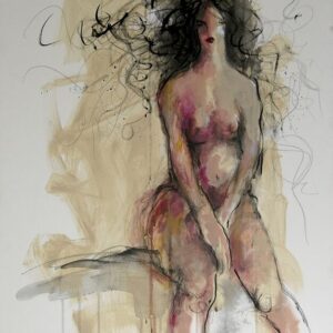 ציפייה, מאת איש גורדון. ציור מקורי של דמות נשית עירומה בטכניקה מעורבת, גוונים חומים ושיער שופע, אקריליק ופסטל על קנבס.