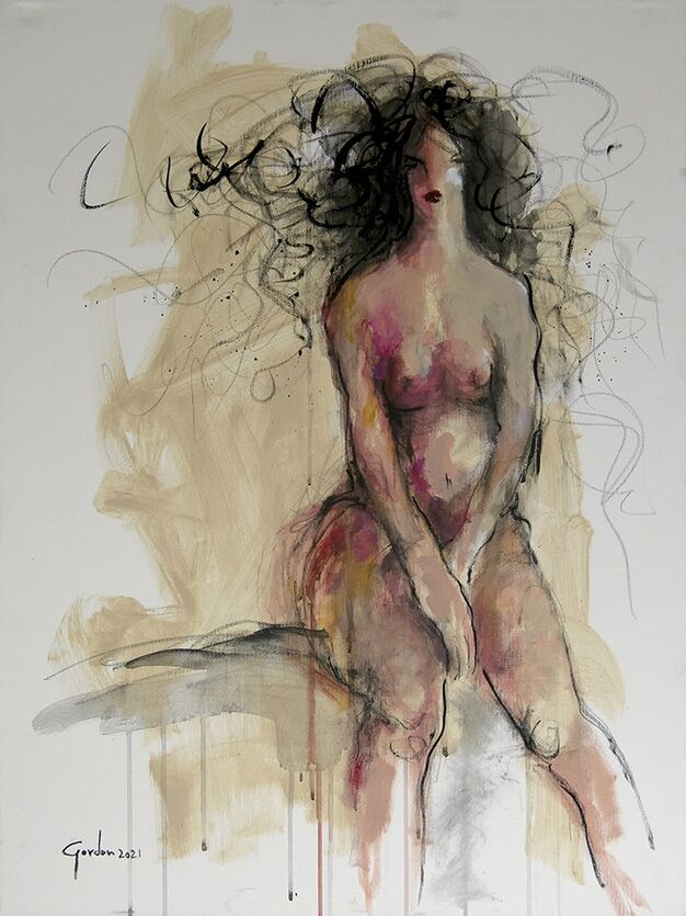 ציפייה, מאת איש גורדון. ציור מקורי של דמות נשית עירומה בטכניקה מעורבת, גוונים חומים ושיער שופע, אקריליק ופסטל על קנבס.