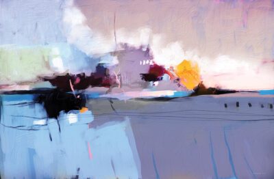 "הים הוא סגול" מאת איש גורדון. ציור נוף ימי מופשט בגווני סגול, כחול ונגיעות כתום, עם משיכות מכחול דינמיות ומרקם עז.