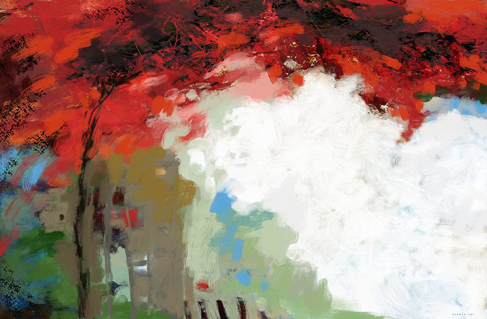 "ברכת הצאלון" ציור מופשט אופקי של הצייר איש גורדון בגווני אדום עז בחלקו העליון של הציור המדמים צמרת של צאלון, שמיים בהירים ומבנה בגוון חום בהיר. הדפס קנבס