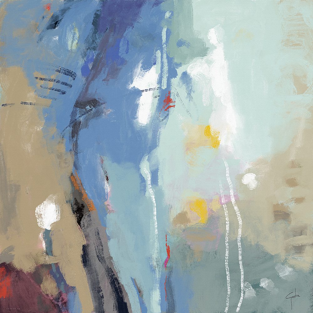 ציור מופשט מרובע "נגיעות של ים" של האמן איש גורדון בגווני כחול, תכלת, לבן וחום בהיר. הדפס על קנבס