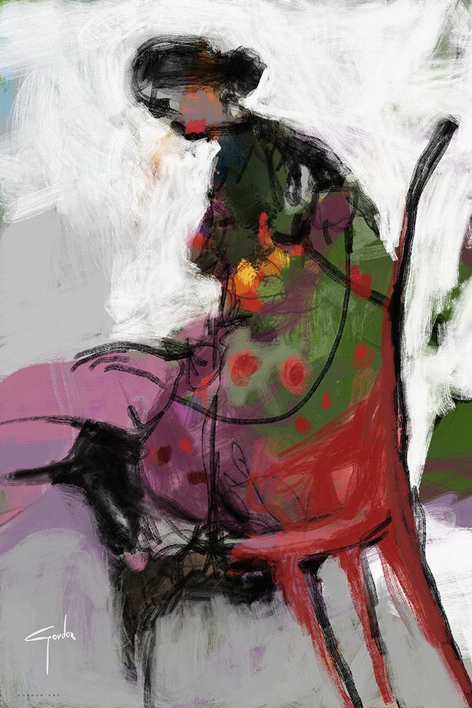 ציור אנכי מופשט של דמות נשית יושבת "אישה - כסא אדום - חתול" של איש גורדון, בטקסטורה של ירוק, אדום בורדו ושחור על רקע בהיר. הדפס קנבס