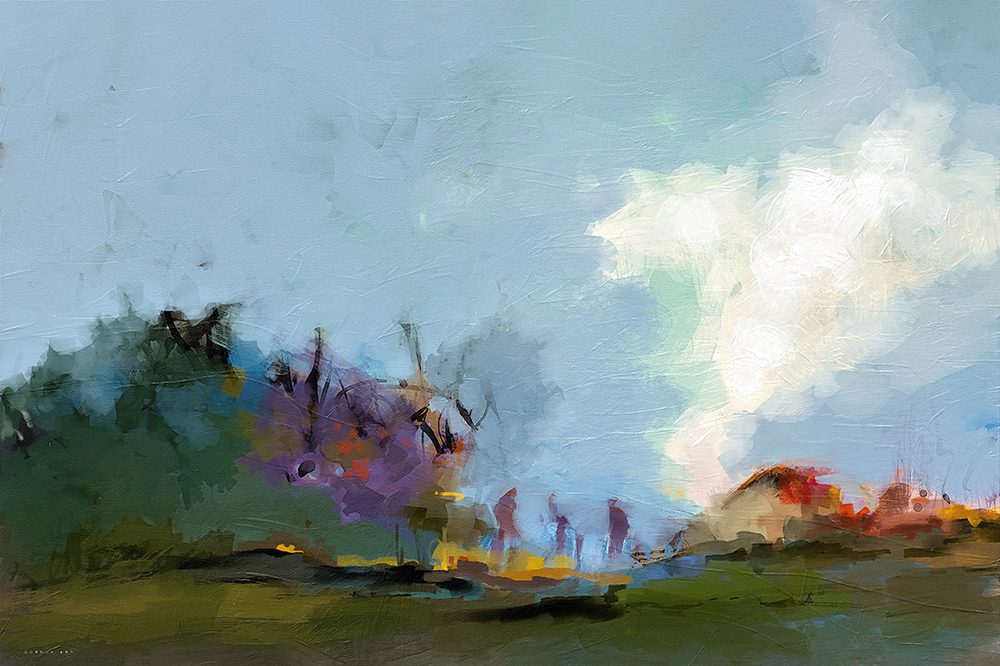 "הבית ליד החורשה" ציור אופקי של איש גורדון, בגווני תכלת עם ענן לבן, חורש סבוך בצד השמאלי ובית אחד בודד עם גג רעפים מימין. הדפס על קנבס