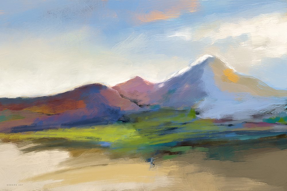 ציור מופשט אופקי "נוף הרים" בגווני תכלת, סגול וירוק של האמן איש גורדון