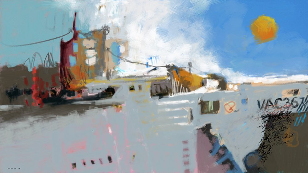 ציור מופשט "פלדה מלוחה" מאת איש גורדון. קומפוזיציה תעשייתית המציגה גוף ספינה או משחתת בגווני אפור, לבן וחלודה על כיתוב גרפי. חוטים דקים וכתמי צבע בצהוב ובורדו משתלבים על רקע שמיים כחולים עם שמש עזה.