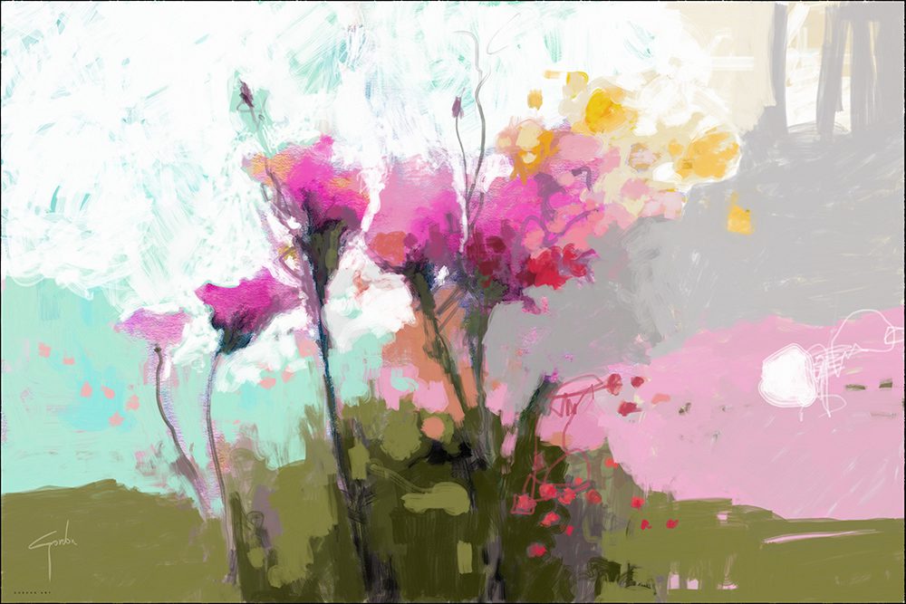 ציור מופשט "פריחה בוורוד ומג'נטה" של האמן איש גורדון. פרחים מופשטים בגווני ורוד עז, מג'נטה וצהוב על רקע תכלת ואפור אווריריים. הדפס קנבס צבעוני לסלון בסגנון מודרני.