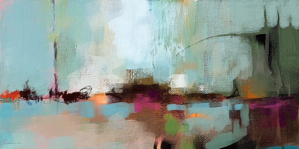 הציור "רסיסי זכרונות על המים" מאת איש גורדון. קומפוזיציה פנורמית רחבה בגווני תכלת, אפור ירקרק בחלק העליון, המדמים שמיים והשתקפות מים. בחלק התחתון מופיעים כתמי צבע עזים בשחור, בורדו וכתום במרקם מחוספס, היוצרים תחושת עומק ותנועה בתוך הנוף.