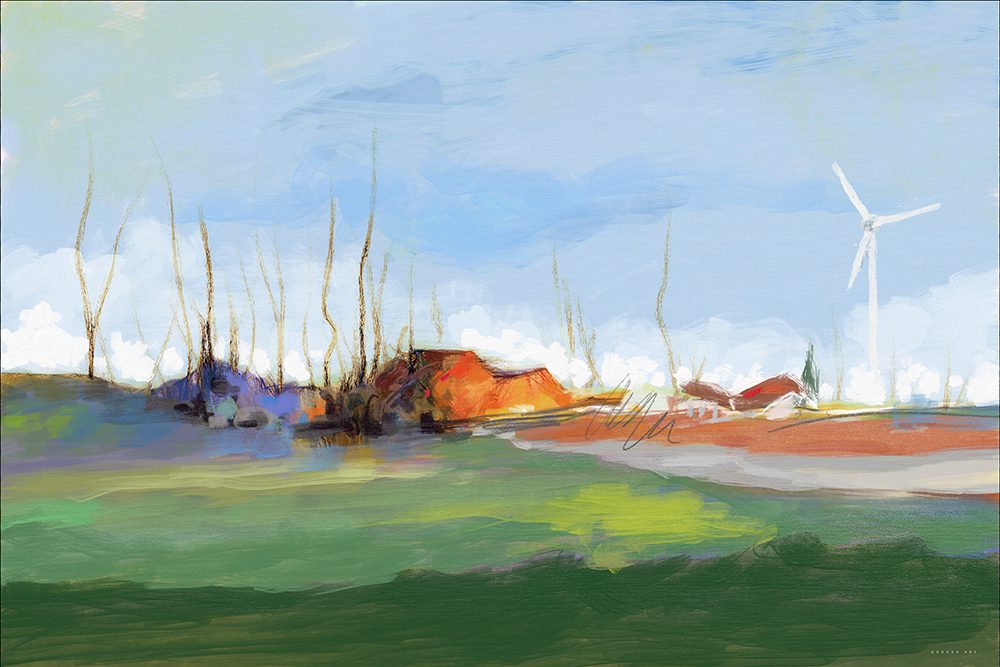 ציור נוף מופשט "ניחוח בוסתנים" מאת איש גורדון. המציג בוסתנים וכתמי צבע באדום ותכלת לצד בתים בכפר, מרחבי שדות ירוקים ושמיים בהירים מעל.