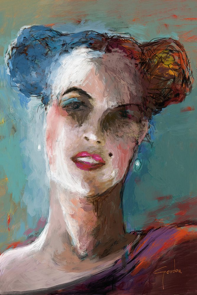 ציור "התבוננות" מאת איש גורדון. ציור פורטרט אנכי חצי מופשט של אישה עם שיער אסוף בשתי פקעות, גווני טורקיז, לבן וסגול, בסגנון אקספרסיבי עם משיחות מכחול בולטות.