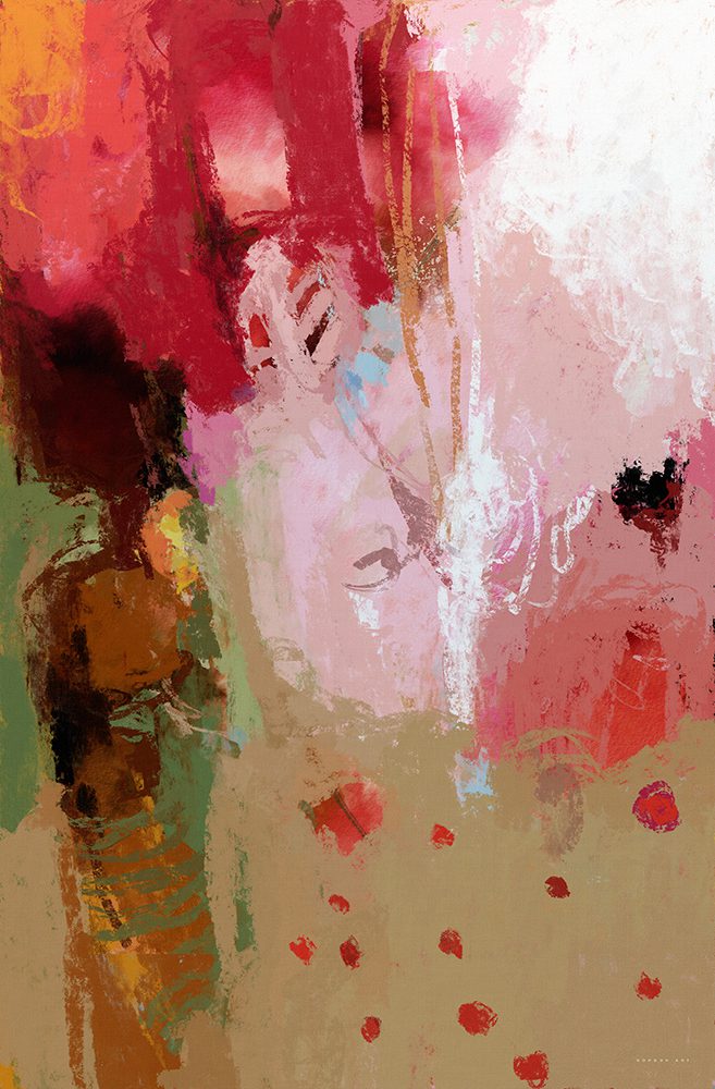 ציור מופשט של שדה כלניות באדום וורוד עם צלליות דמויות מטיילות, הדפס אמנות מודרנית על קנבס מאת איש גורדון