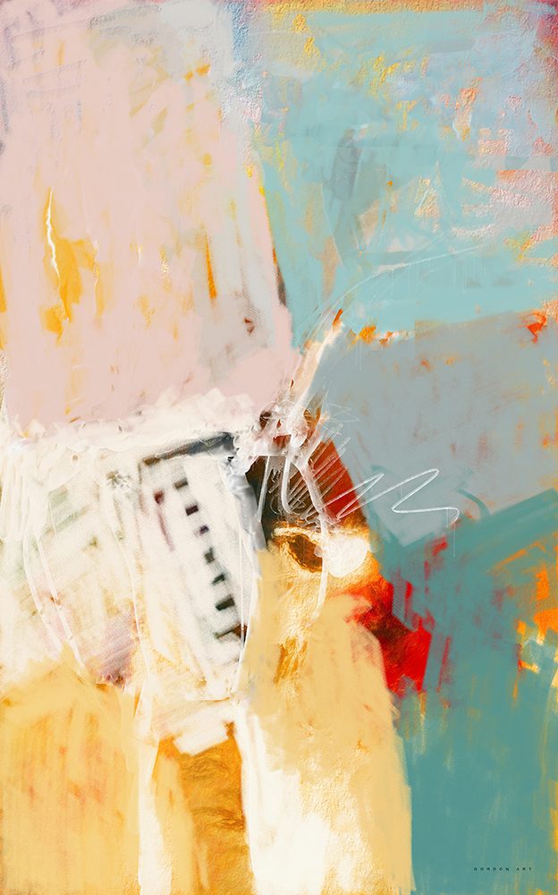 הציור "פסטל גנוז" מאת האמן איש גורדון. הדפס מופשט בגונים רכים בהירים, ורוד ותכלת, שכבות לבנות ונגיעות באדום.