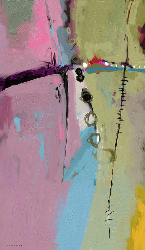 ציור מופשט מודרני " פטל פינת פיסטוק" מאת האמן איש גורדון, המשלב כתמי צבע בוורוד, סגול וירוק-זית עם אלמנטים גרפיים של קווים ועיגולים שחורים.