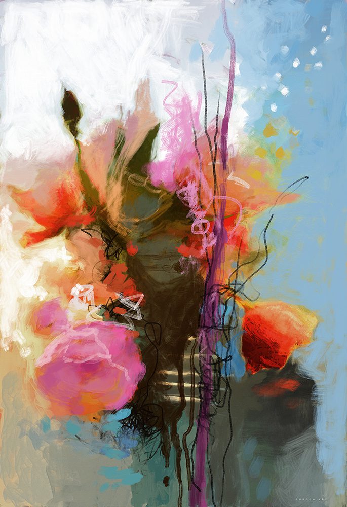 "חג שמח" מאת איש גורדון, ציור מופשט המשלב פריחה בצבעי אדום, ורוד, כתום ותכלת, במשיחות מכחול דינמיות