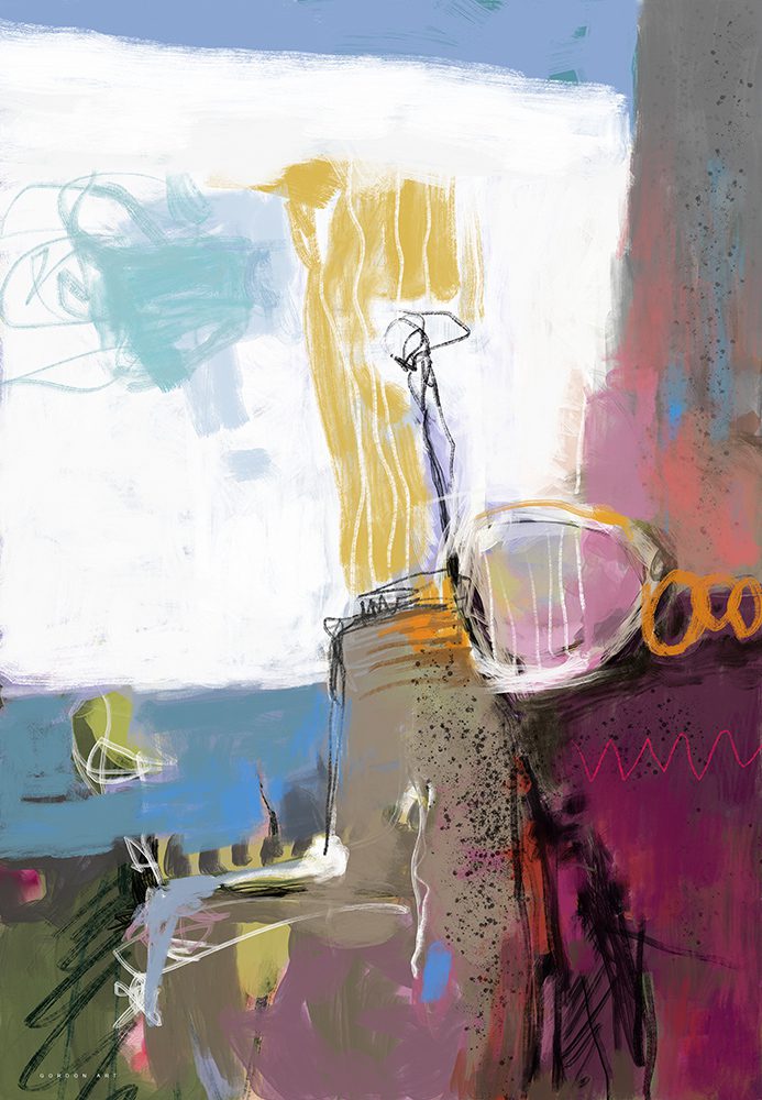 "חלון הזדמנויות" מאת איש גורדון, ציור מופשט בשכבות צבע של בורדו, סגול וצהוב עם אלמנטים גרפיים על רקע לבן.