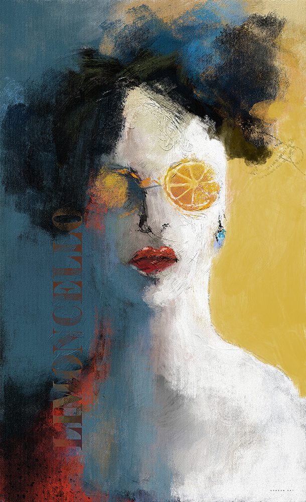 "נשיקת לימונצ׳לו" מאת איש גורדון, ציור פורטרט מופשט של אישה צעירה בצבעים צהובים וחמים.