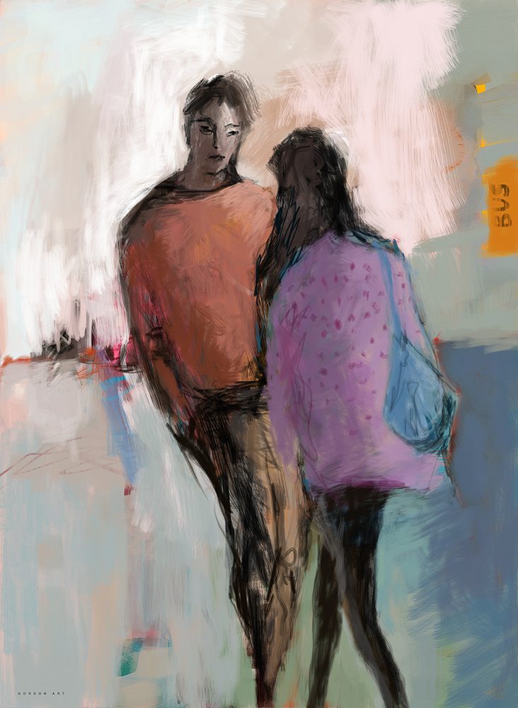 פגישה מקרית, מאת איש גורדון. ציור מופשט של שתי דמויות הנפגשות ברחוב על רקע צבעוני ודינמי.