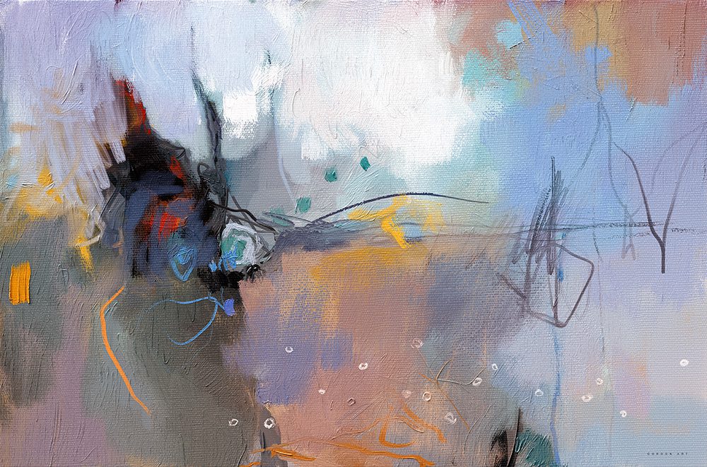 קמפינג, מאת איש גורדון. ציור מופשט בצבעי אדמה, כחול וכתום המזכיר חווית לינה בטבע.