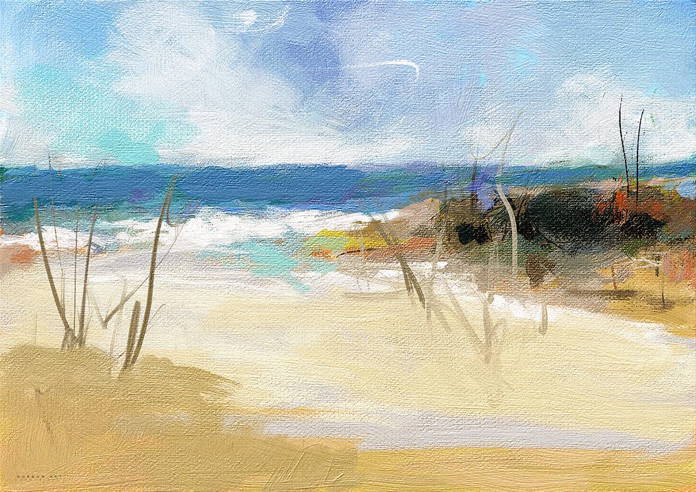 "חוף אכזב" מאת איש גורדון, ציור מופשט של קו חוף בגווני כחול וחול עם משיחות מכחול אקספרסיביות.