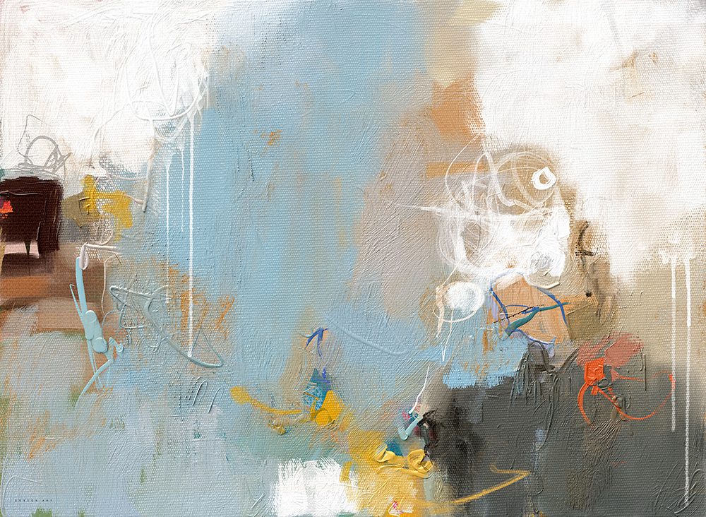 הרהורים בתכלת, מאת איש גורדון. ציור מופשט המשלב כתמי תכלת דומיננטיים, משיחות מכחול לבנות ונגיעות צהוב וחום על רקע בהיר.