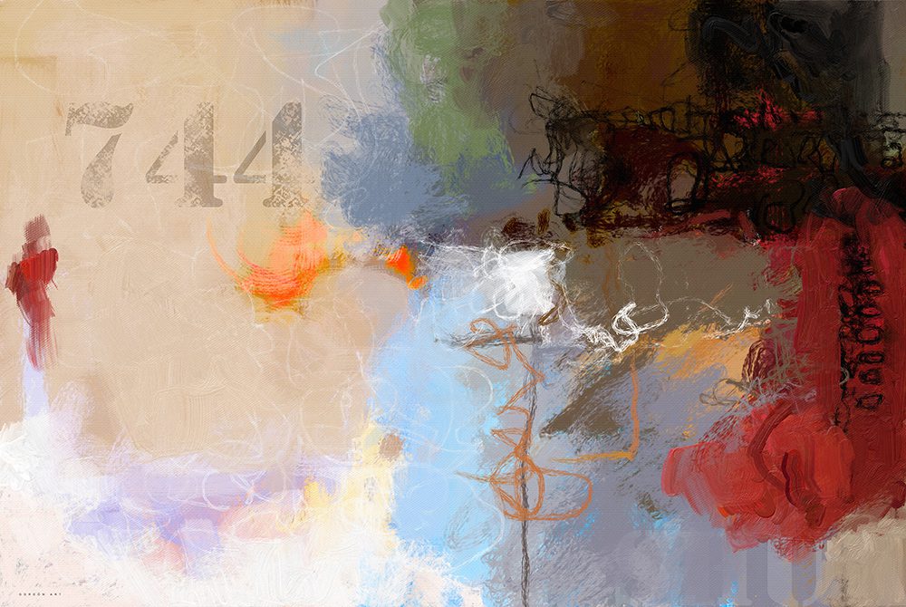 אחרי שעזב, מאת איש גורדון. ציור מופשט עם כתמי צבע אדום ושחור דומיננטיים, לצד גווני תכלת, לבן וצהוב וקווים גרפיים דקים.