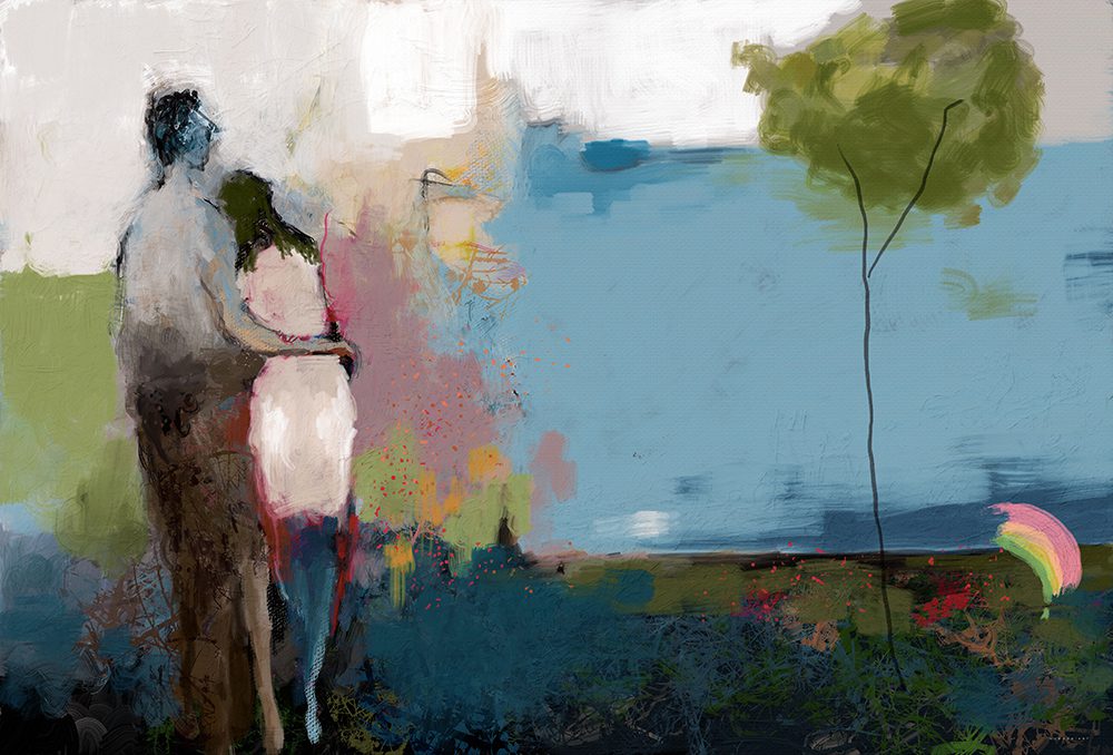 התמזגות נפרדת, מאת איש גורדון. ציור מופשט של גבר ואישה עומדים בחיבוק במרחב של חצר וגינה, בשילוב כתמי צבע וטקסטורות עשירות.