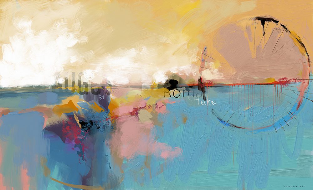 ציור מופשט בשם רומא, מאת איש גורדון, שילוב של כתמי צבע חמים וקרים עם ספרות ואותיות מוטמעות.