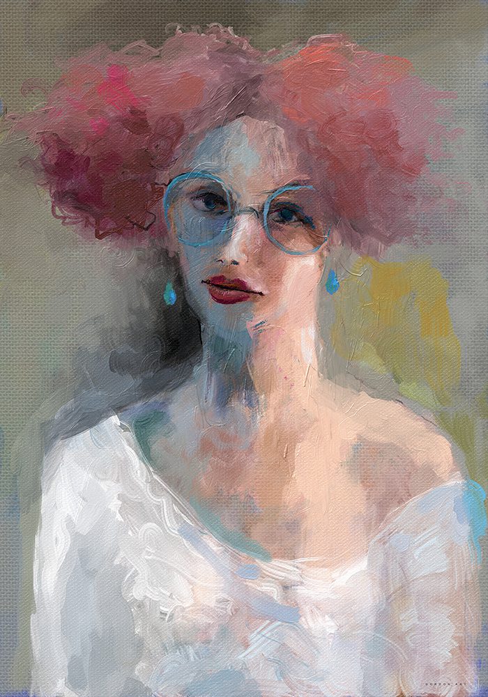 היצירה "סירופ דובדבנים מאופק", מאת איש גורדון. ציור דיוקן של אישה עם שיער ורוד נפוח, משקפיים תכולים עגולים וכתף חשופה בשמלה לבנה, בסגנון אקספרסיבי עשיר בצבע.