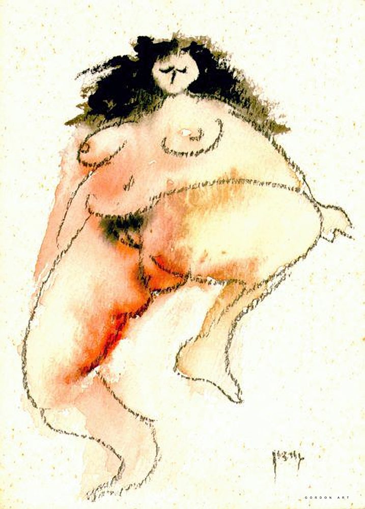 חשופה, מאת איש גורדון, ציור אירוטי מופשט של דמות נשית בכתמי צבע חמים וקו רישומי.