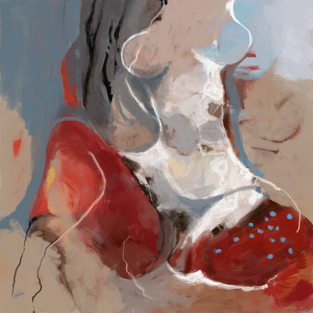 מכנסיים אדומים, מאת איש גורדון, ציור אירוטי מופשט של דמות נשית עם מכנסיים באדום עז ונקודות כחולות, משיכות מכחול רחבות.