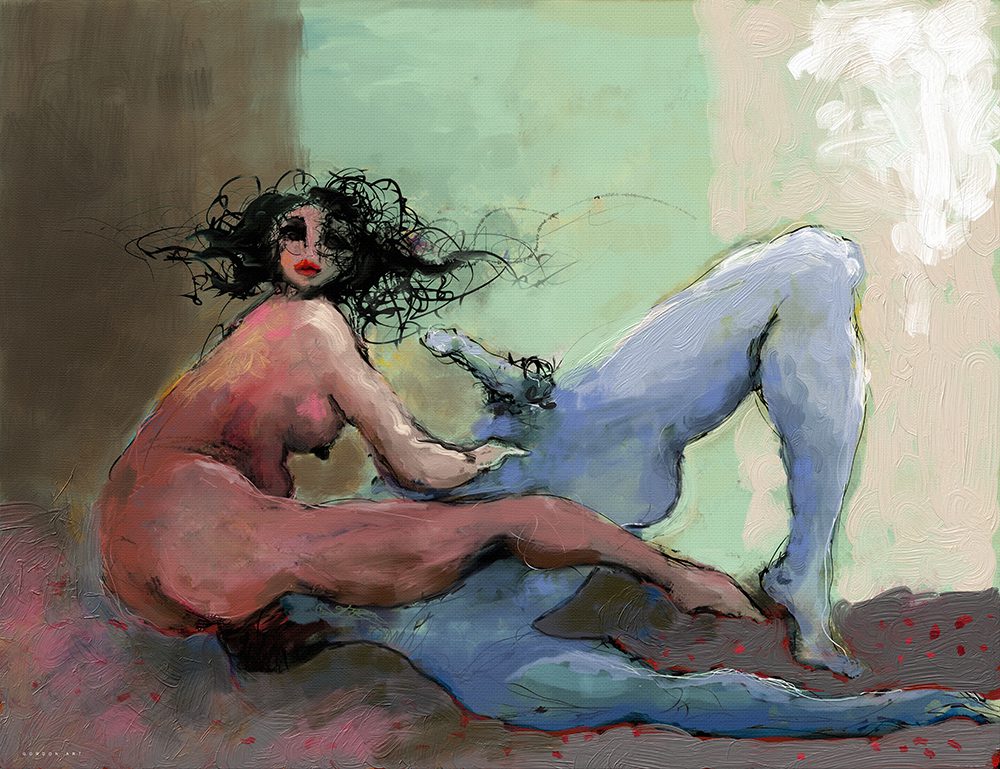 על הפנים, מאת איש גורדון. ציור אבסטרקט ארוטי המציג דמויות בקו אקספרסיבי וצבעוניות עזה של ורוד, כחול וירקרק.