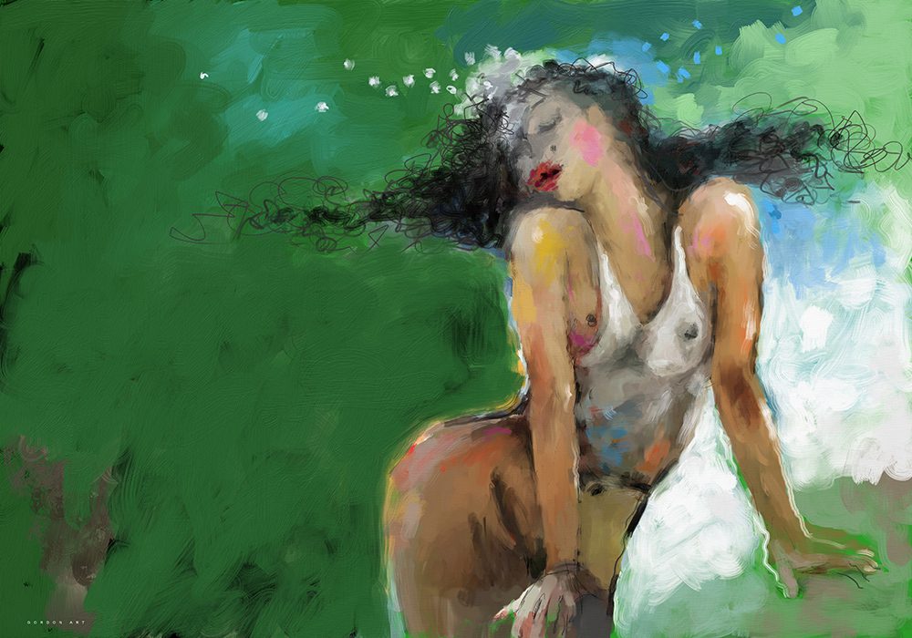 הציור מתמסרת לרגע של חופש, מאת איש גורדון. דמות אישה חושנית בתנועה על רקע ירוק מופשט, סגנון אקספרסיבי.