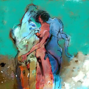 הציור "טובים השניים", מאת איש גורדון. דמות אישה במרכז, המוקפת בשתי דמויות גברים (האחת שקופה והשנייה כחולה) על רקע מופשט טורקיז וחום, סגנון אקספרסיבי.