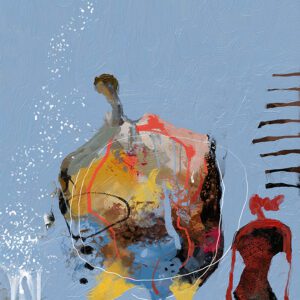 יצרים מופשטים במורד המדרגות, מאת איש גורדון. ציור מופשט אירוטי עם דמויות, מסה של צבעים חמים וכתמים לבנים על רקע כחול.