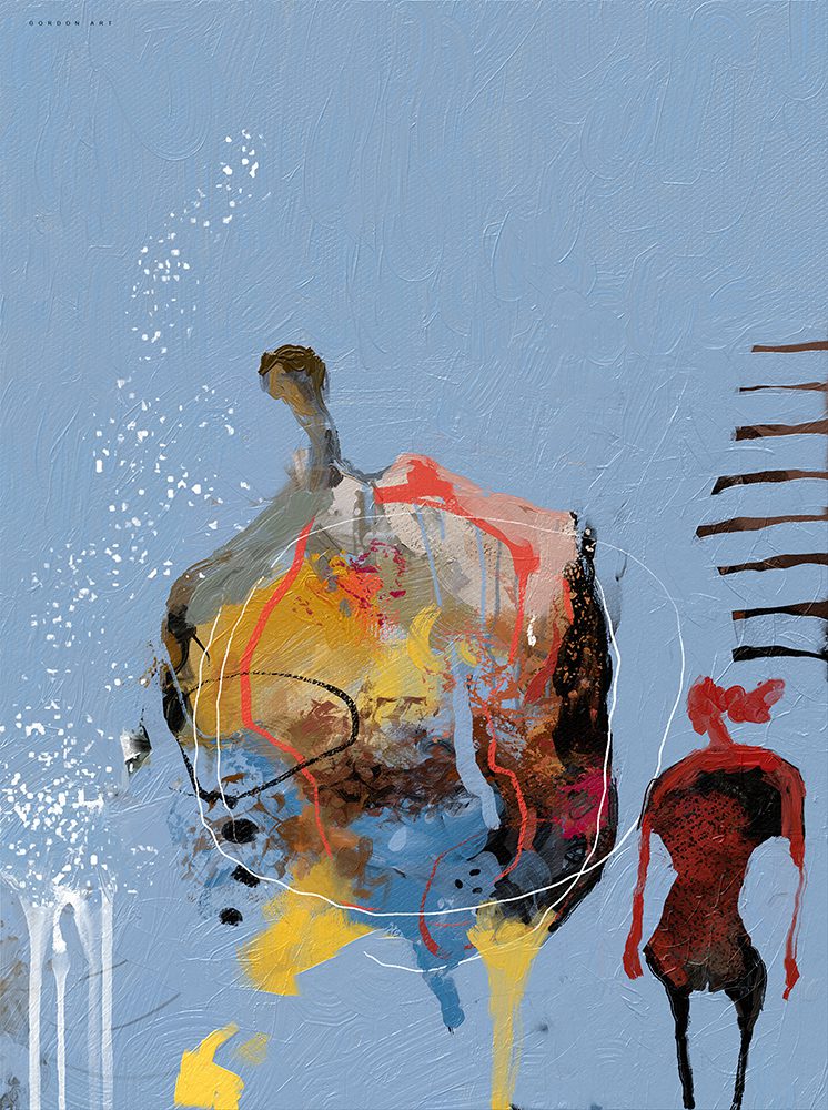 יצרים מופשטים במורד המדרגות, מאת איש גורדון. ציור מופשט אירוטי עם דמויות, מסה של צבעים חמים וכתמים לבנים על רקע כחול.