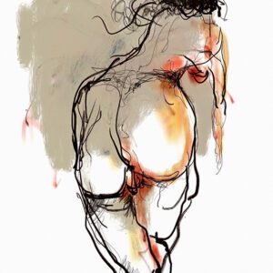 רישום מלטף, מאת איש גורדון. רישום נשי עדין עם קווים קלילים בצבעי אפרסק וצהוב, מול סבך קווי דיו שחורים בראש.