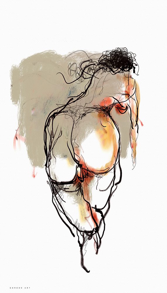 רישום מלטף, מאת איש גורדון. רישום נשי עדין עם קווים קלילים בצבעי אפרסק וצהוב, מול סבך קווי דיו שחורים בראש.