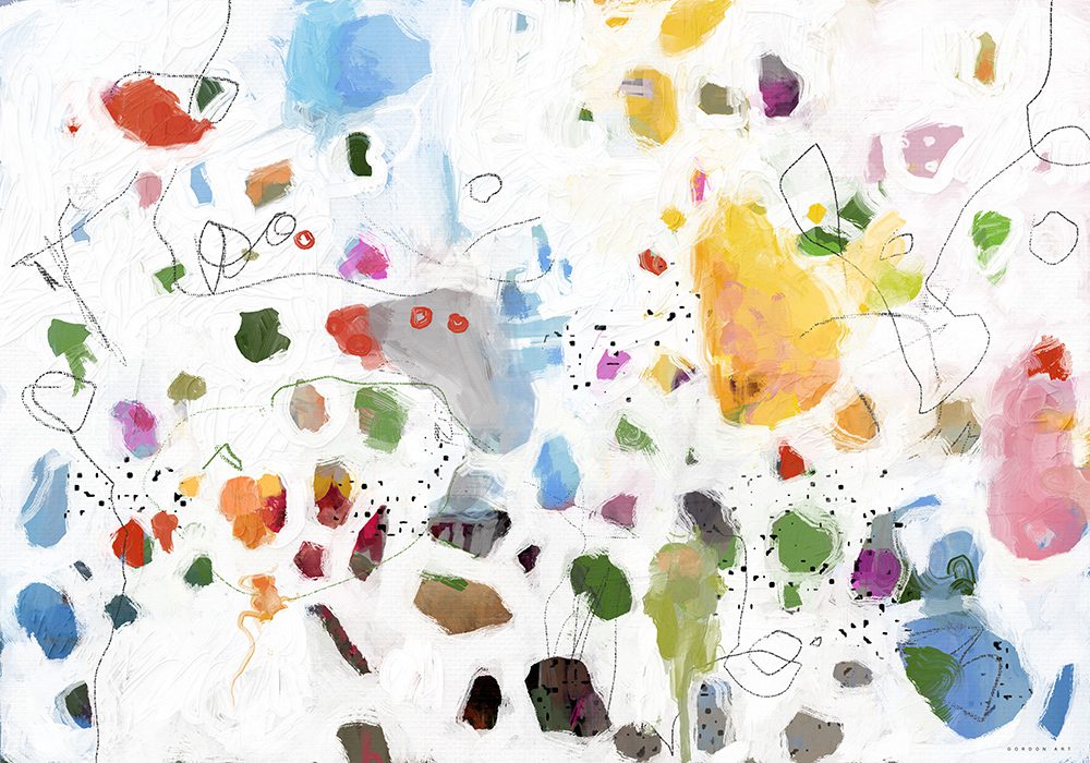 שלג אביבי, מאת איש גורדון, ציור אבסטרקט עם כתמי צבע עליזים על רקע לבן.