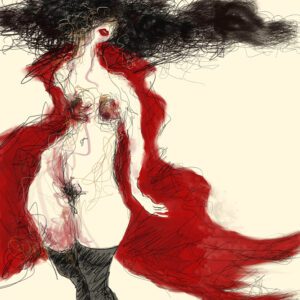 סערה באדום, מאת איש גורדון. דמות אישה אירוטית ברישום חופשי עם גלימה אדומה ושיער שחור סוער.