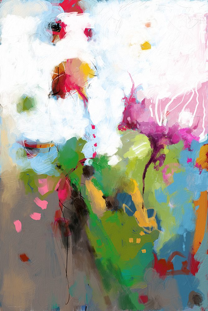 מופשט פורח (Abstract in Bloom), מאת איש גורדון, ציור מופשט עם כתמי צבע בוורוד, ירוק וצהוב על רקע לבן.