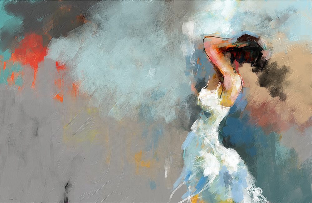 בואי כלה, מאת איש גורדון. ציור מופשט של דמות נשית בשמלה לבנה על רקע בגוני אפור וכחול, בסגנון אקספרסיבי.