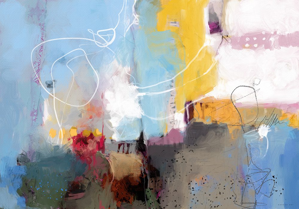 מופשט חגיגי, מאת איש גורדון. ציור מופשט בגוני צהוב, תכלת וסגול עם קווים לבנים עדינים ומרחפים מעל שכבות הצבע.