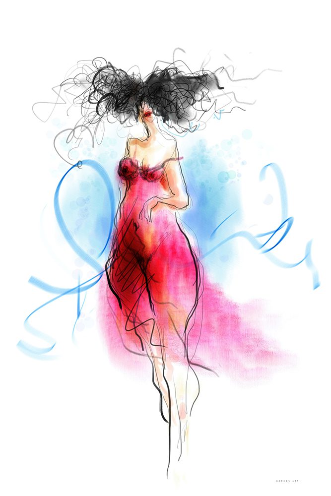 השתקפויות, ציור אירוטי מאת איש גורדון, הדפס על קנבס המציג דמות אישה וקווים חושניים בזרימה מופשטת.