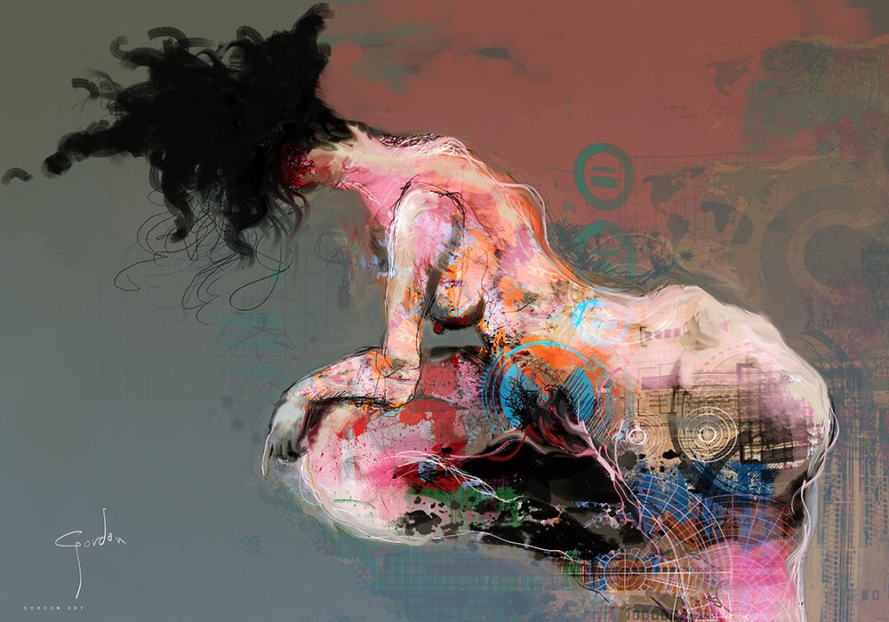 המנגנון הנסתר של התשוקה, מאת איש גורדון. ציור של דמות נשית משולבת במפות ודיאגרמות טכניות בצבעי ורוד, שחור וכתום.